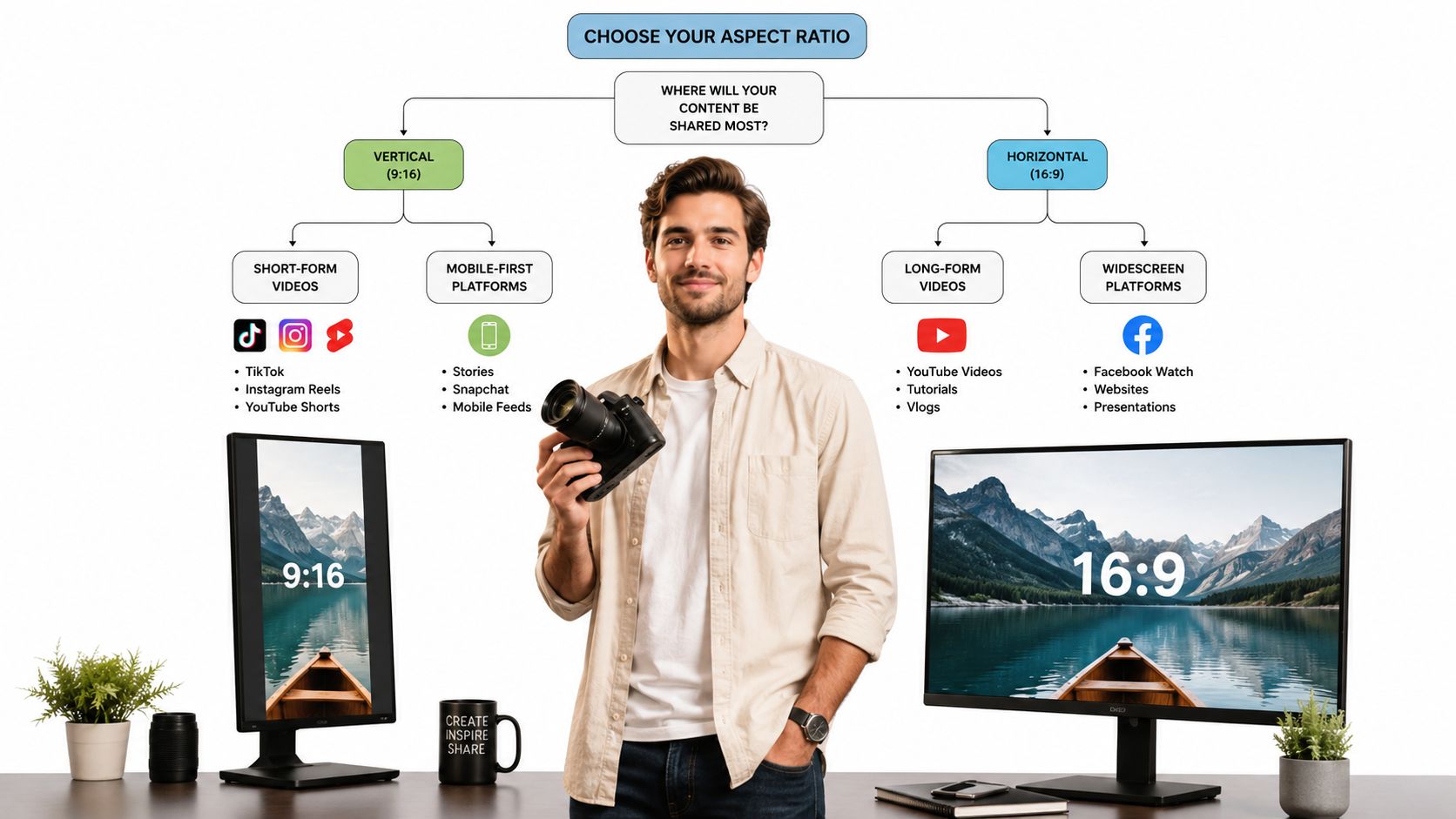 A man holding a camera in front of an infographic explaining video aspect ratios for different platforms.
