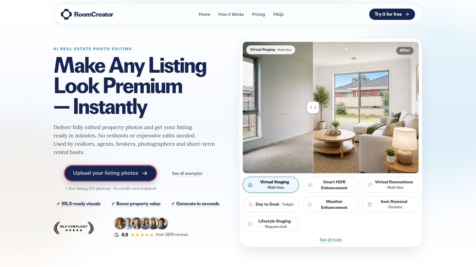 RoomCreator real estate photo editing interface