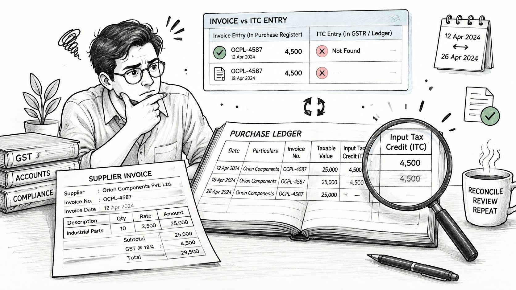 A professional analyzing a discrepancy between purchase ledger invoices and GST input tax credit records.