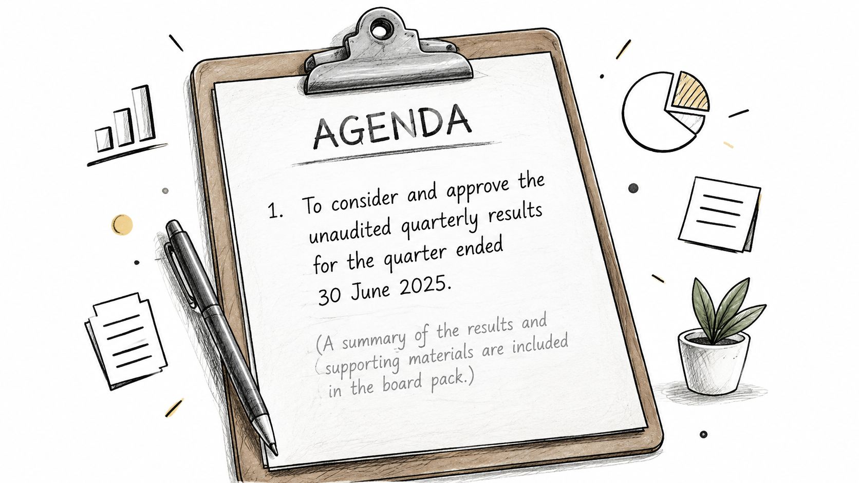 A digital illustration showing a clipboard with an agenda for approving quarterly results on a desk.