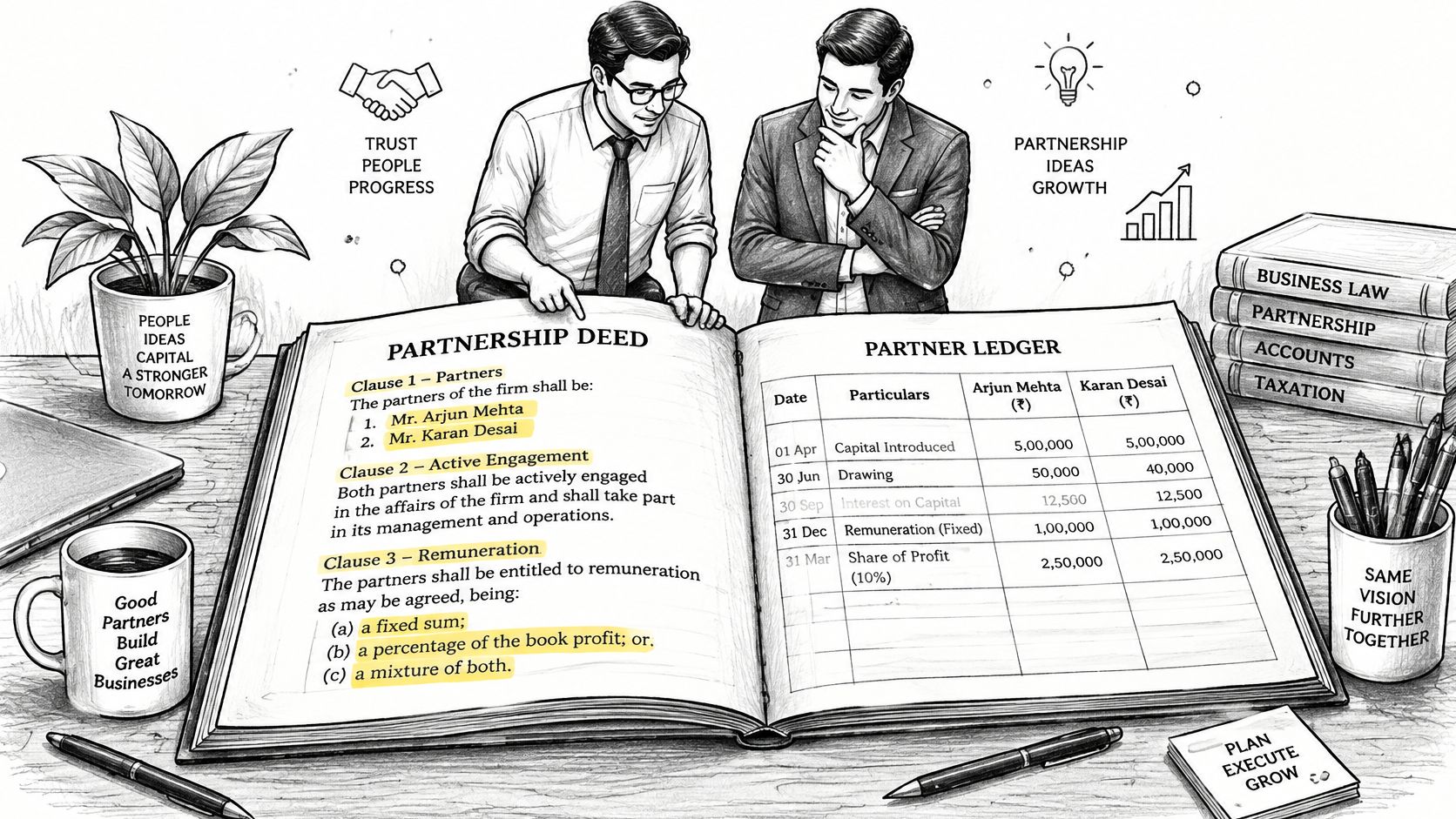 Two business partners reviewing a partnership deed and ledger document on a desk in a workspace.