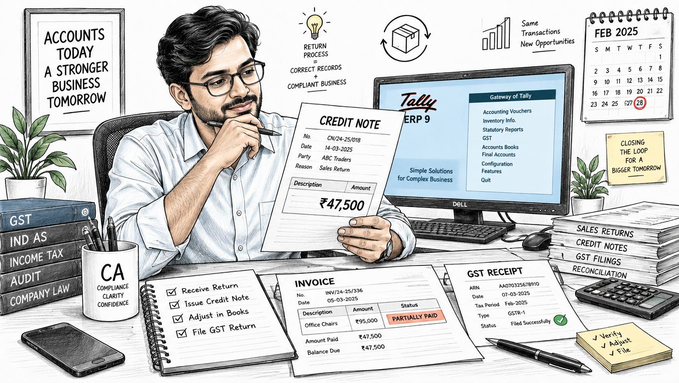 A professional accountant reviewing a credit note and sales return documents while using Tally software for bookkeeping.