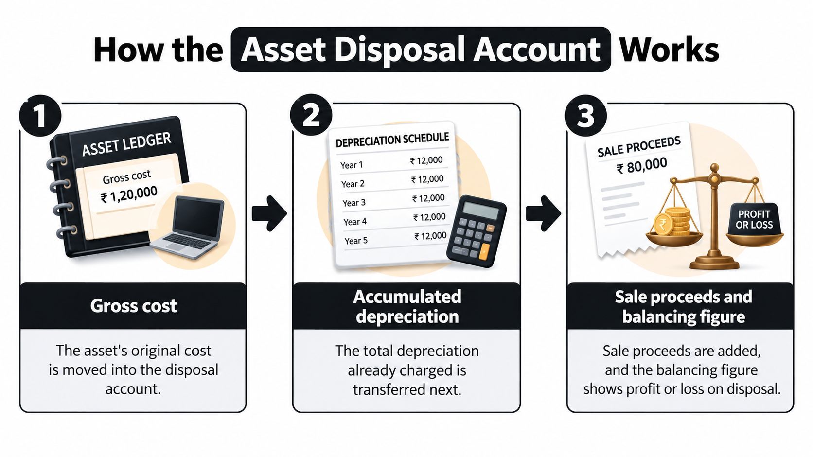 A three-step infographic showing how to calculate profit or loss using an asset disposal account.
