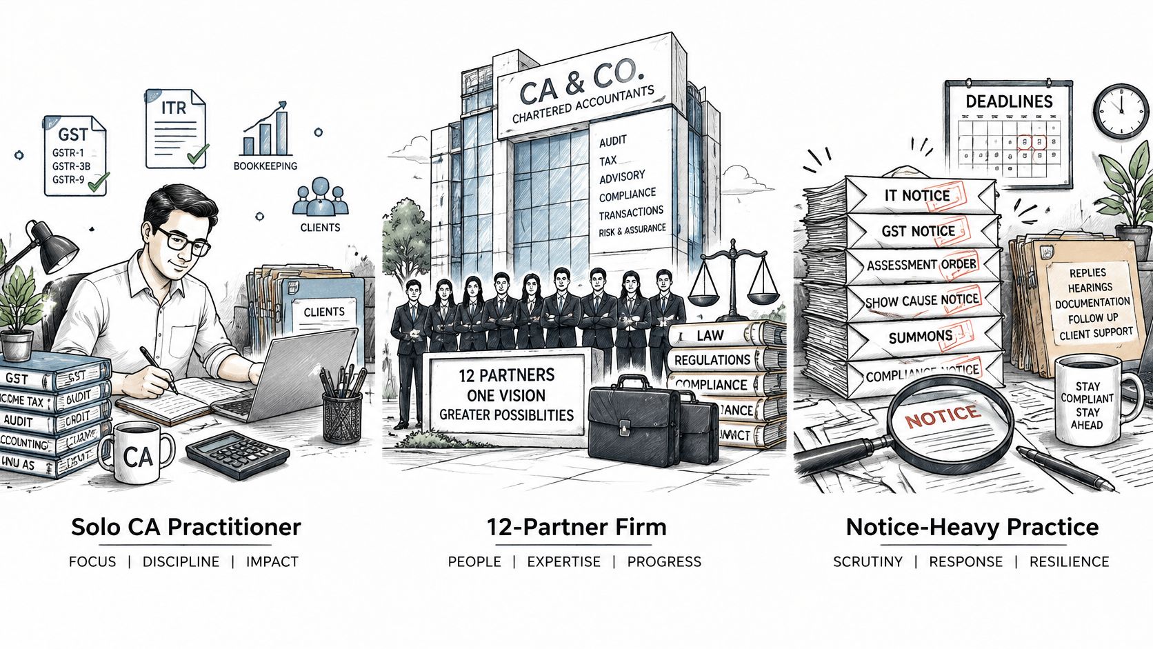 A conceptual illustration comparing solo CA practice, a 12-partner firm, and a notice-heavy accounting practice management scenario.