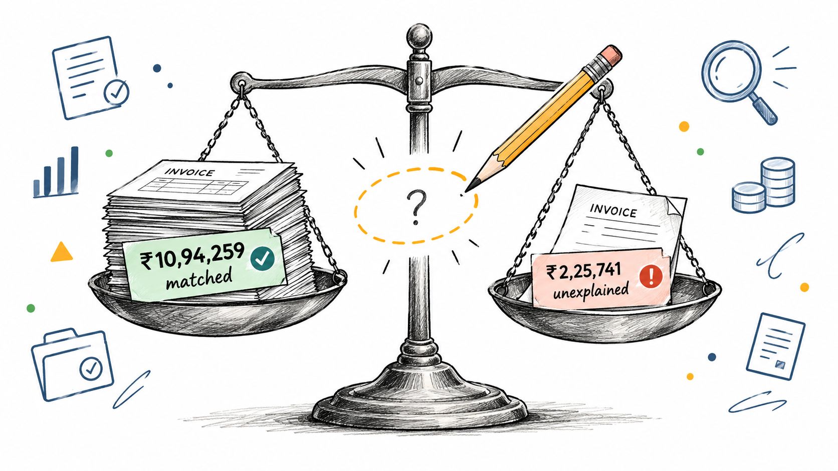 A balanced scale illustration comparing matched invoices versus unexplained invoices with a question mark in between.