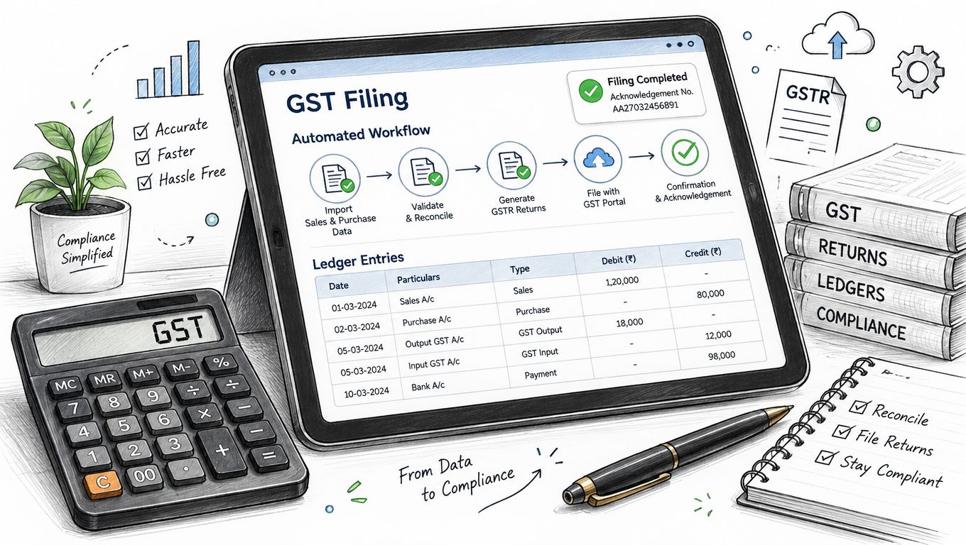 A digital tablet displaying an automated GST filing workflow next to a calculator, notebook, and legal books.