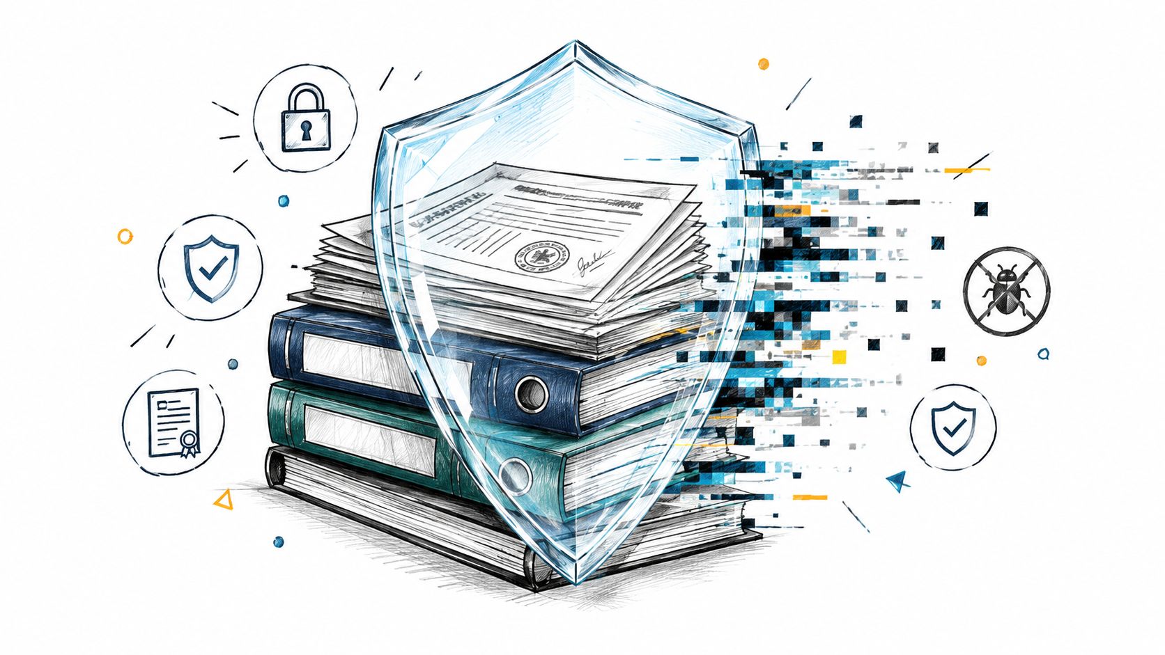 A digital shield protecting stacks of financial documents and binders, representing secure AI accounting software solutions.