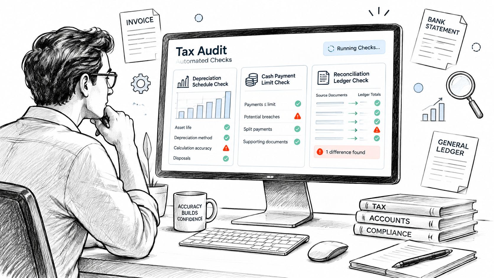 A professional analyzing financial data on a screen displaying automated tax audit checks and compliance reports.