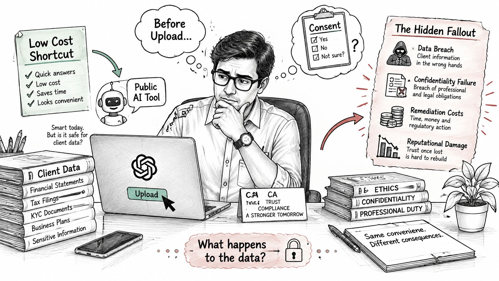 A professional accountant contemplates the risks and consequences of uploading sensitive client data to public AI tools.