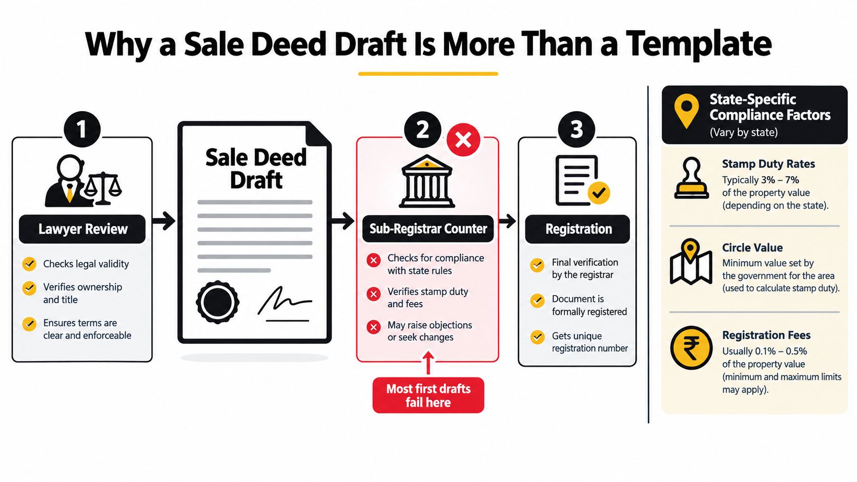 A diagram illustrating the three-step process of creating and registering a legal sale deed draft.