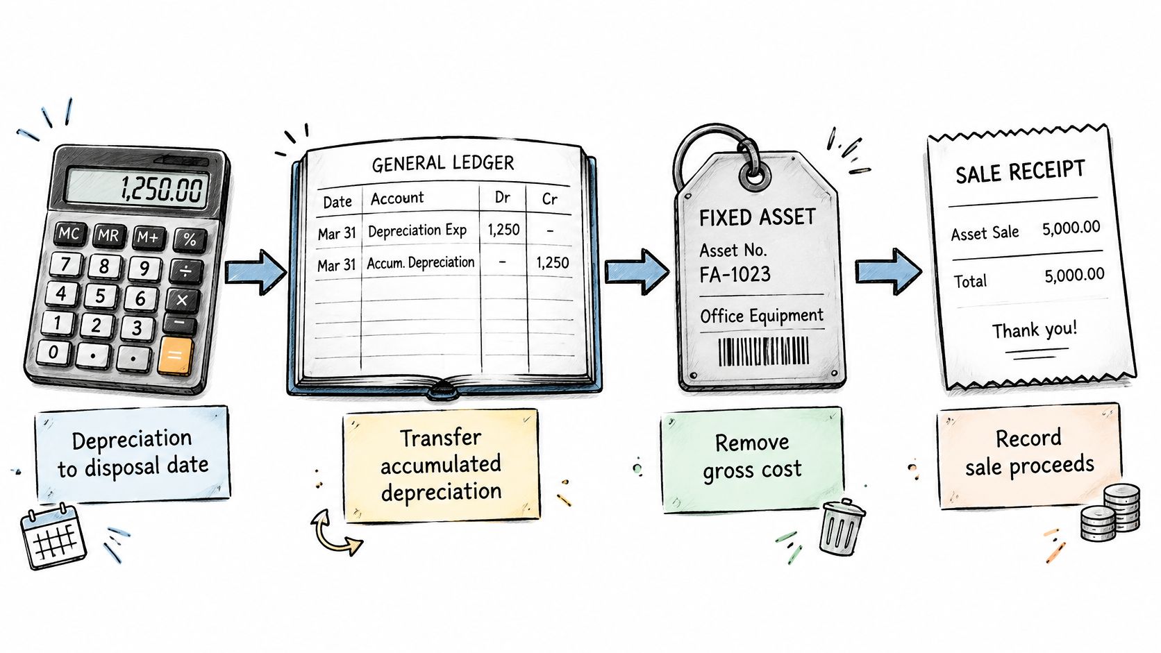 A diagram illustrating the four steps of an asset disposal accounting process using icons and simple text descriptions.