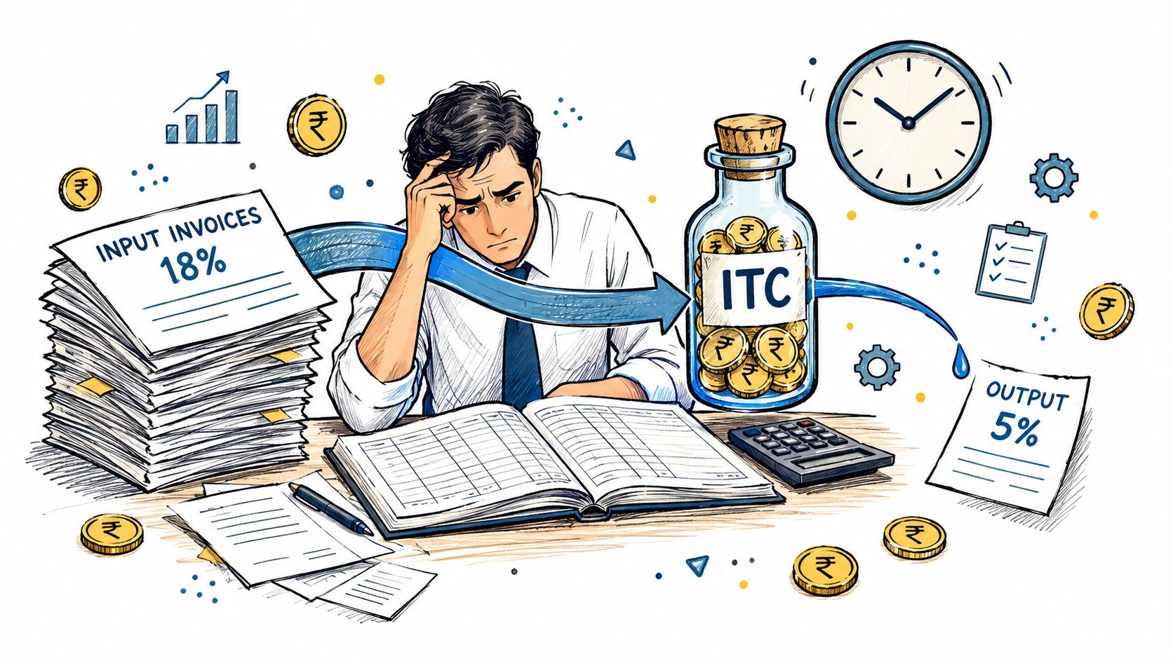 A stressed accountant sitting at a desk surrounded by invoices, conceptualizing an inverted tax structure dilemma.