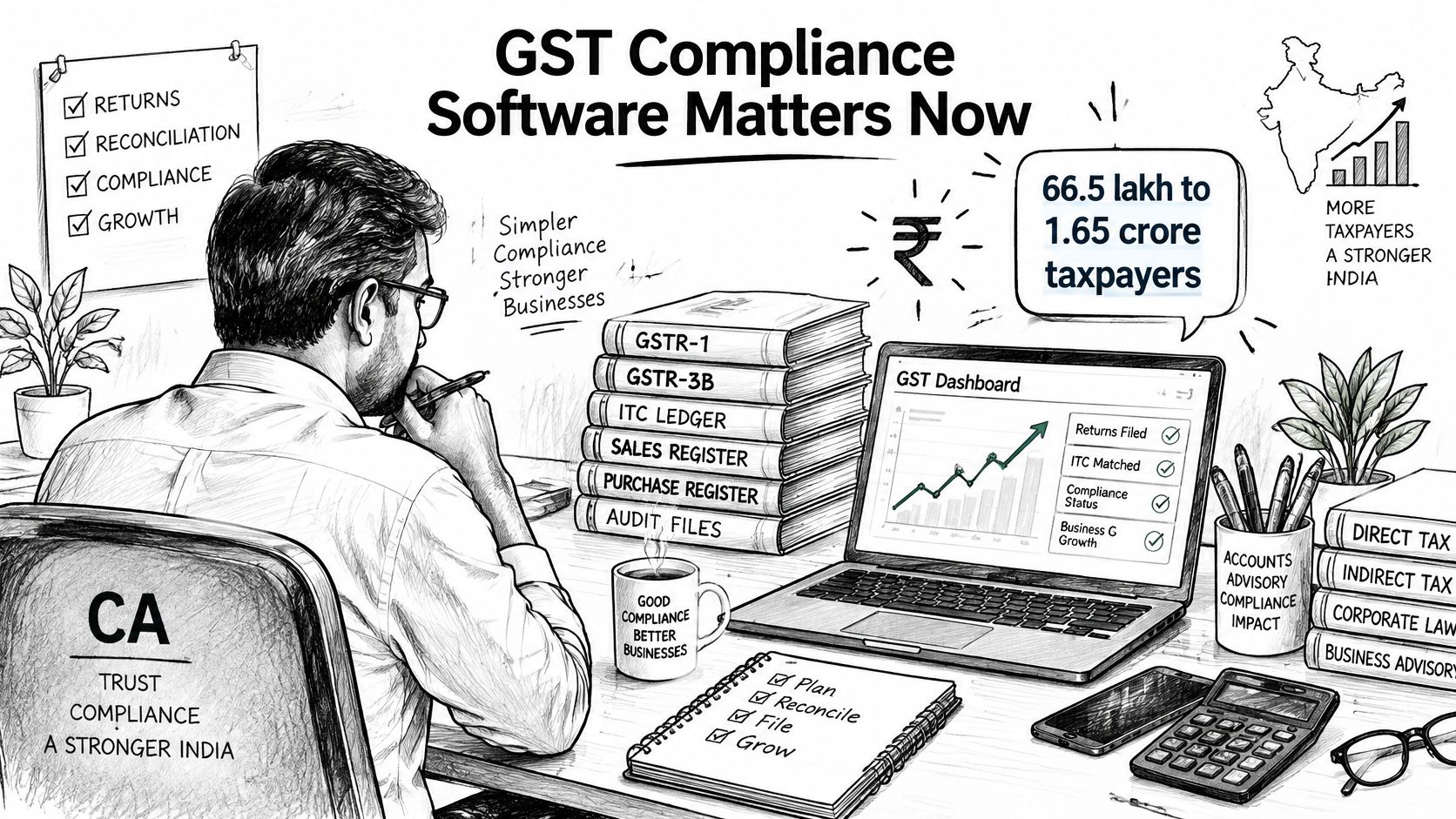 A professional accountant using GST compliance software to manage tax filings, reconciliation, and business growth efficiently.