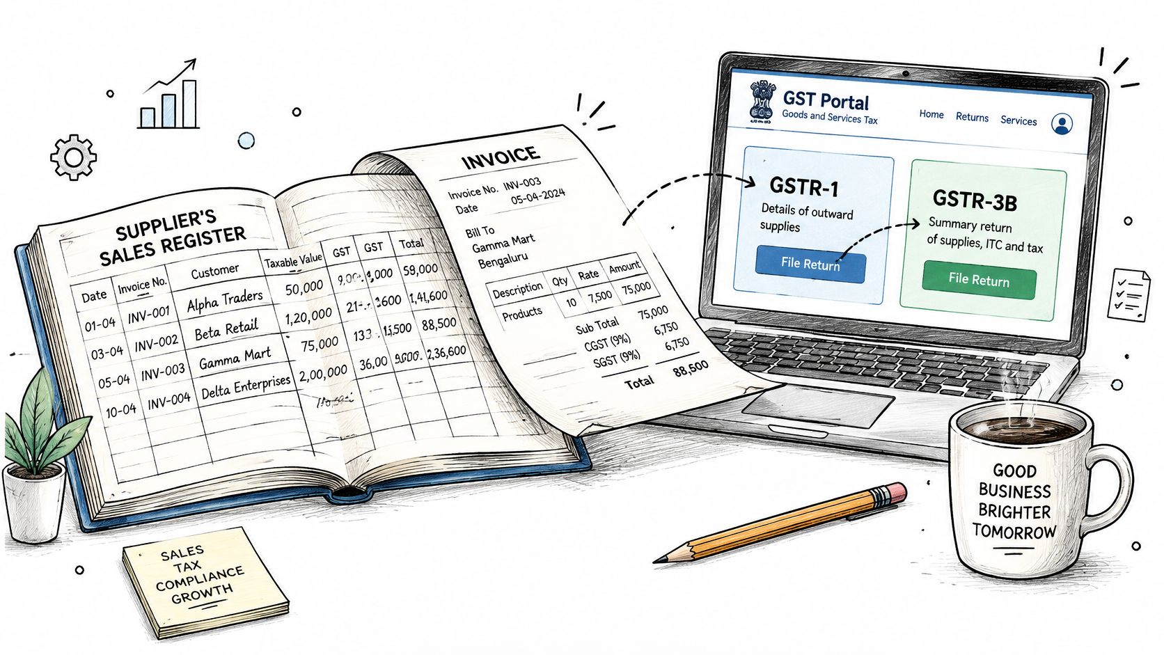An illustration showing a sales register linked to a laptop displaying a GST portal with GSTR-1 and GSTR-3B filings.