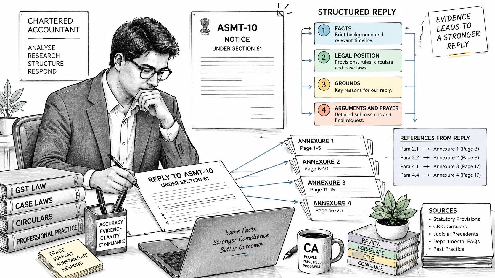 A chartered accountant preparing a structured response to a GST ASMT-10 notice with professional documentation and references.