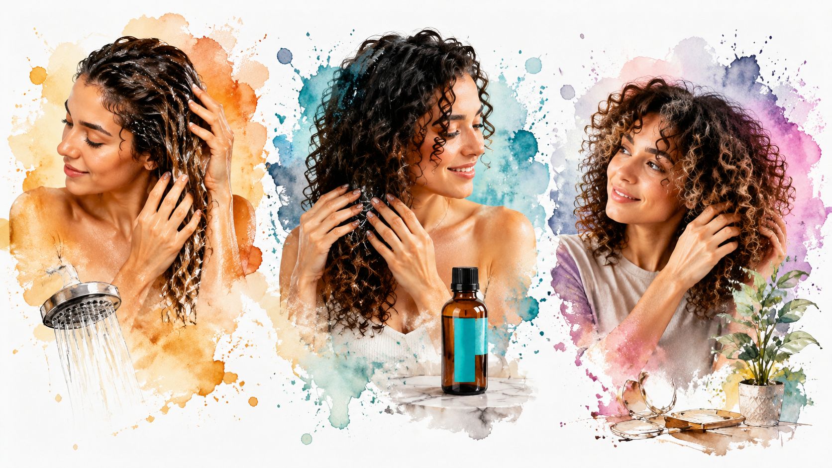 A woman demonstrating the three-step process of washing, applying oil, and styling her beautiful curly hair.