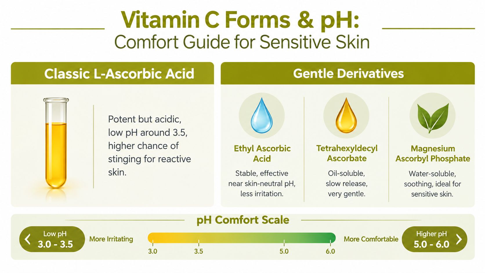An infographic comparing L-Ascorbic Acid and gentle Vitamin C derivatives based on skin comfort and pH levels.