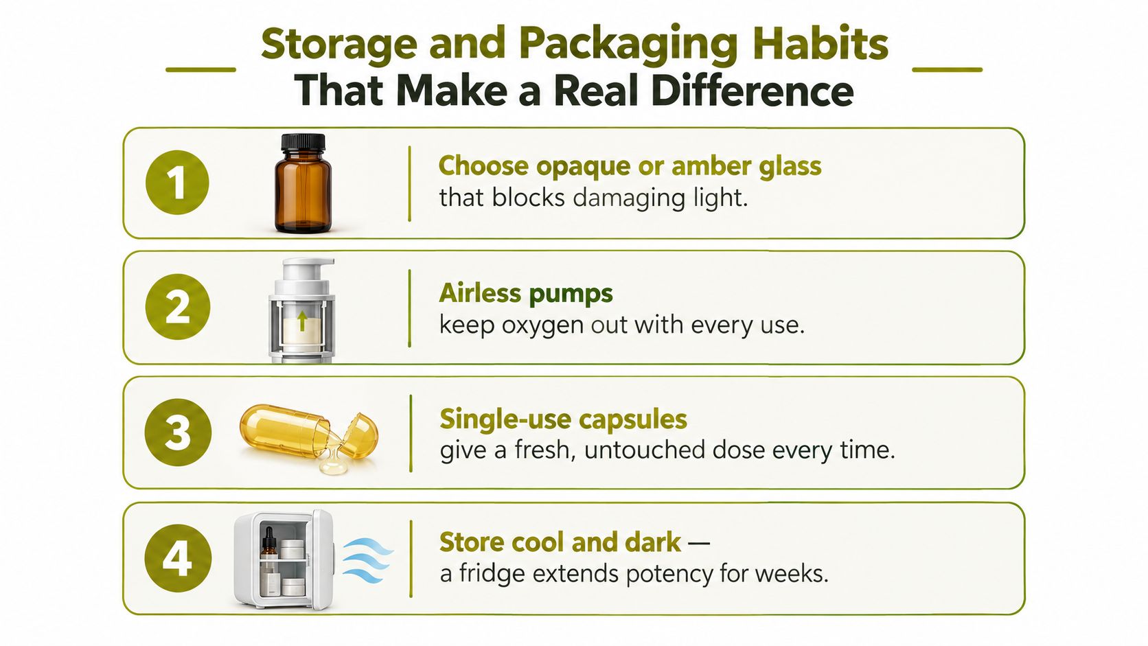 An infographic showing four storage and packaging methods for skincare products to prevent vitamin C serum oxidation.