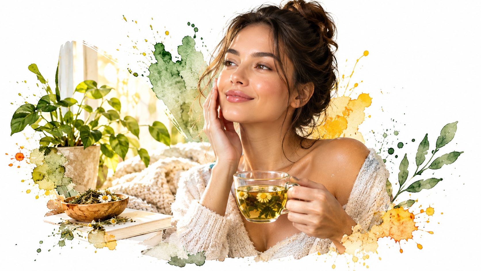A smiling young woman with glowing skin enjoys a cup of herbal chamomile tea in a cozy room.