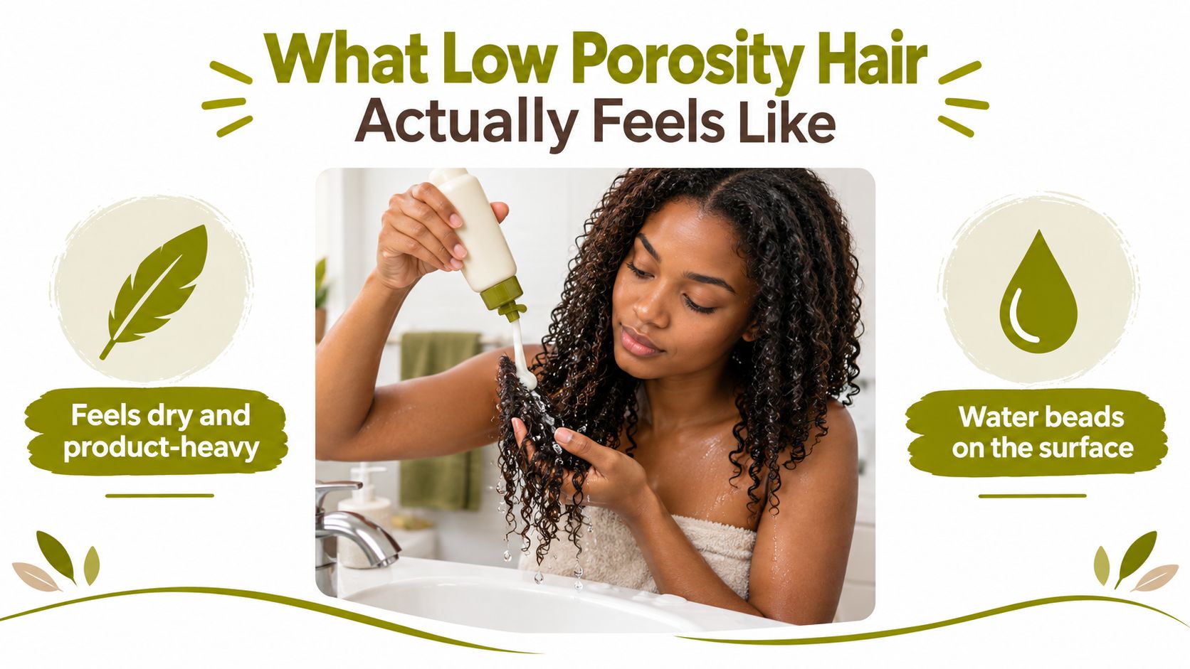 A woman applying hair product to her wet curls in a bathroom to manage low porosity hair.