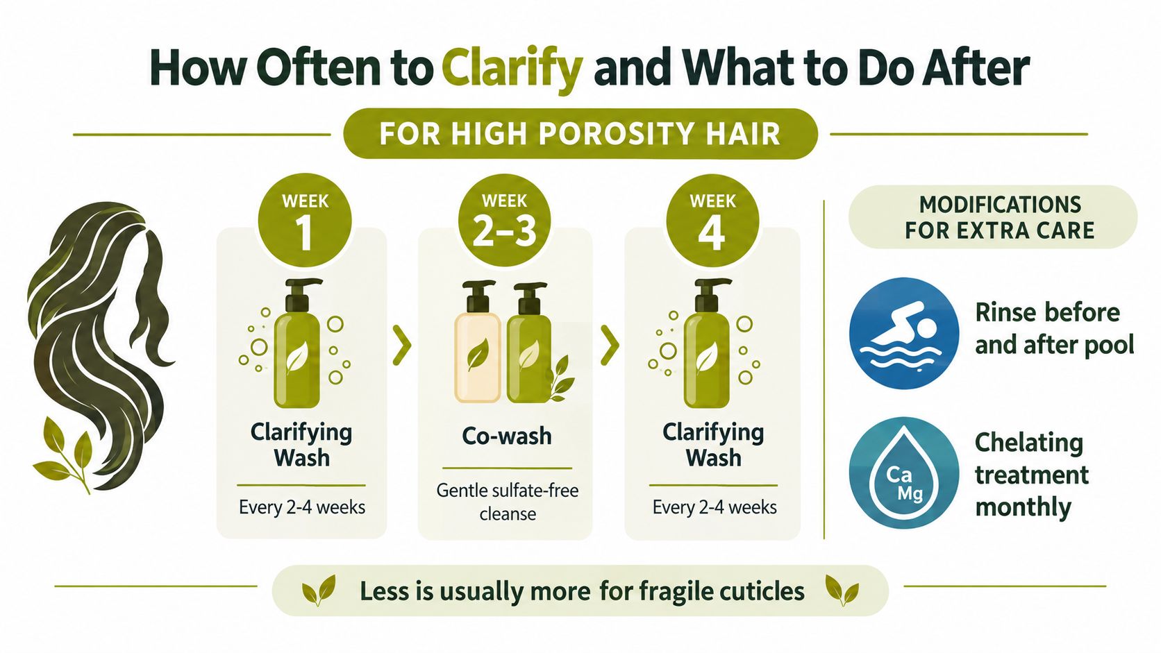 An infographic showing a hair care routine schedule for clarifying high porosity hair over four weeks.