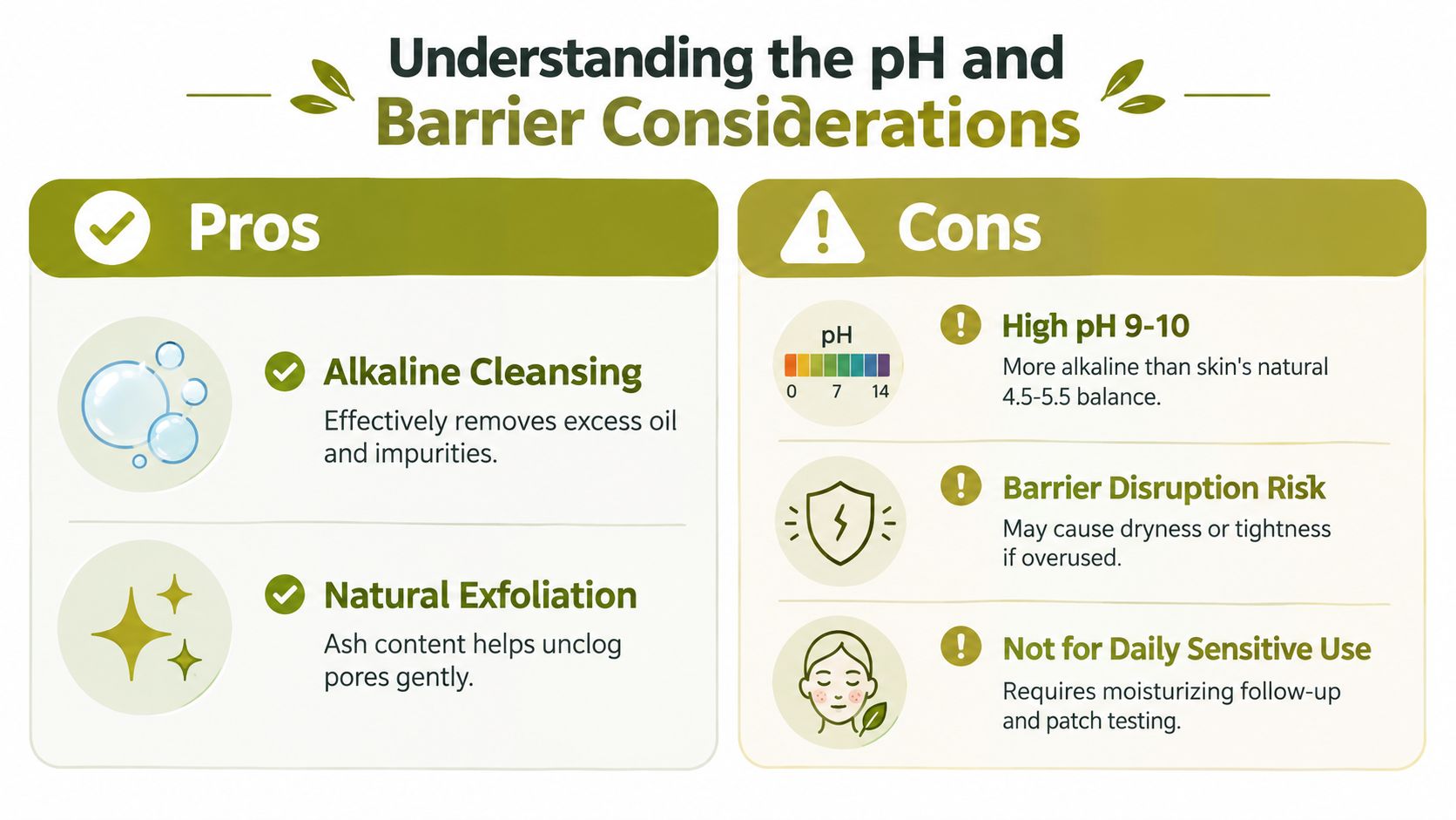 An infographic detailing the pros and cons of using high pH alkaline soap on the skin.