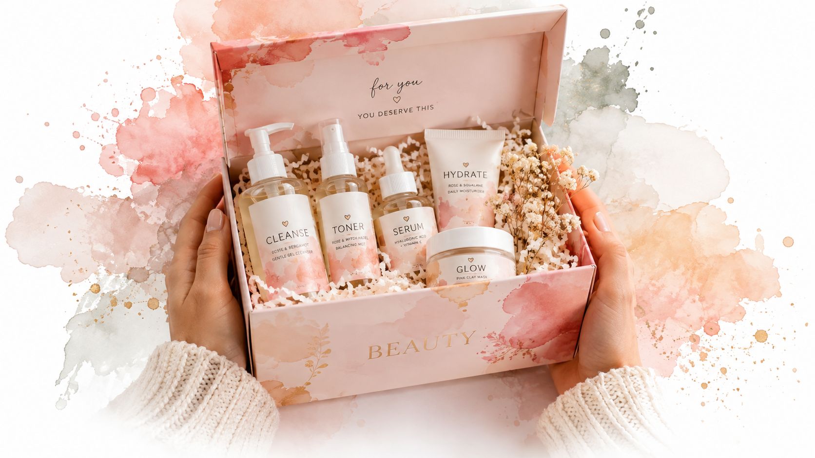 A person holding a gift box containing a skincare set with cleanser, toner, serum, moisturizer, and mask.