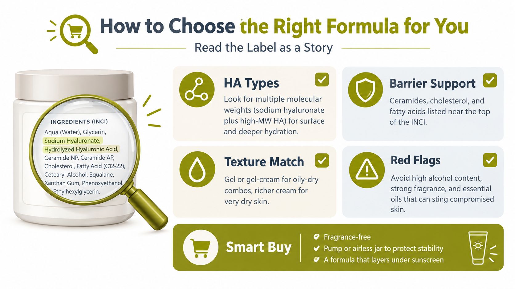 An infographic showing how to select a quality hyaluronic acid moisturizer by reading the ingredient label.