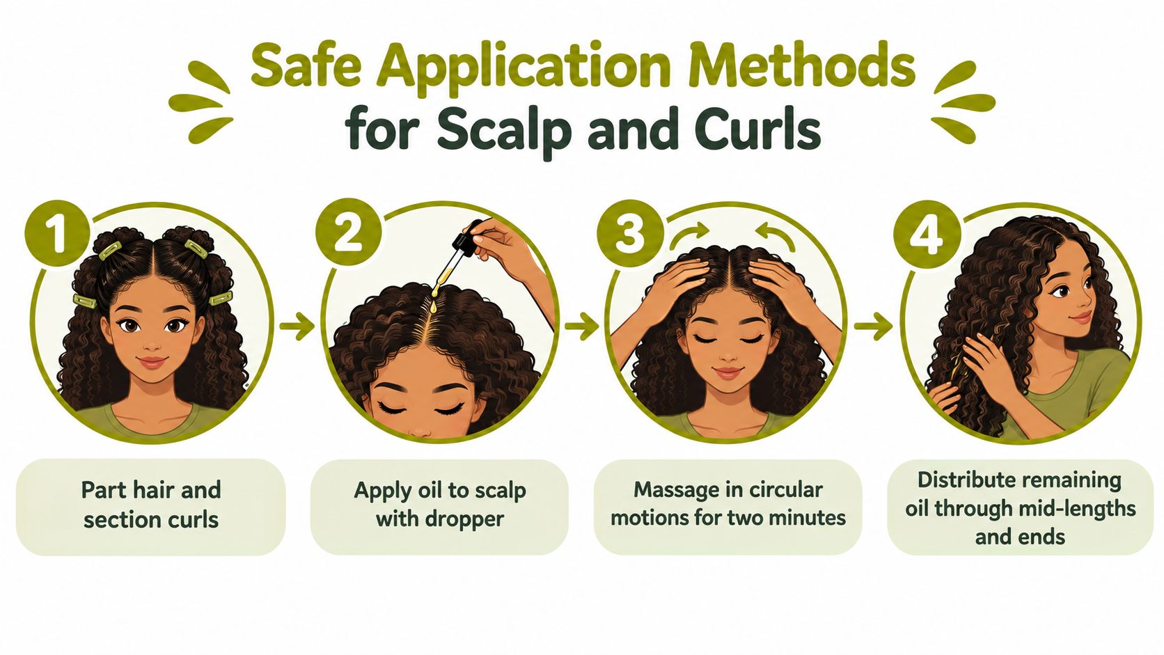 An infographic illustrating four simple steps for applying hair growth oil to curly hair and scalp.