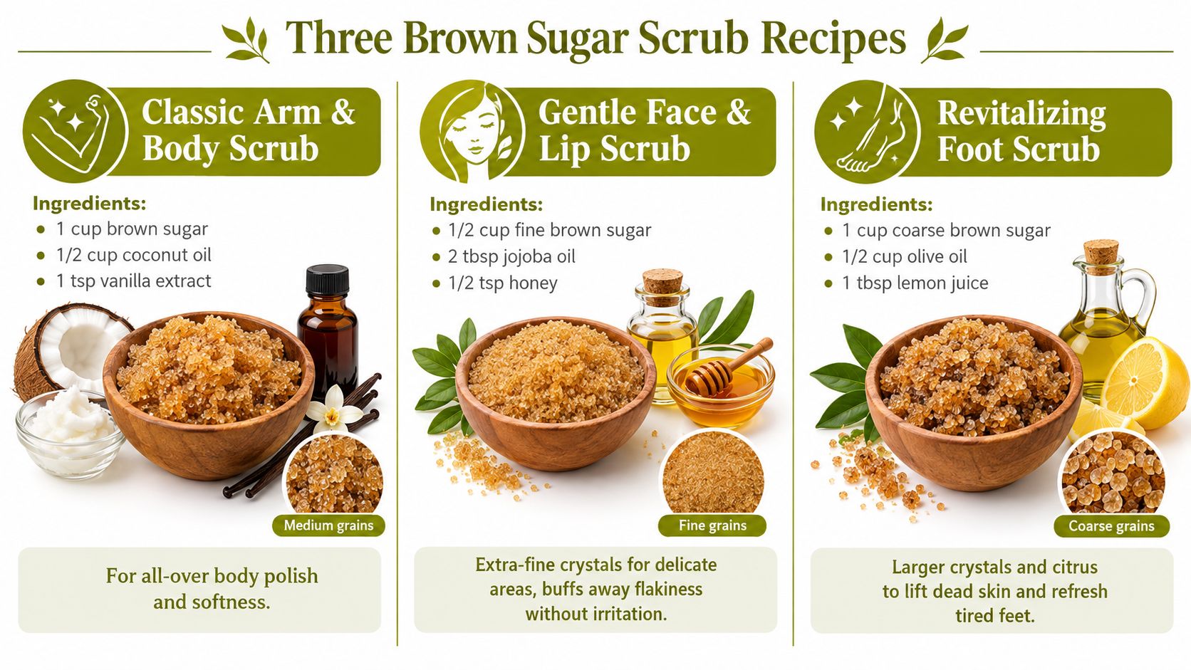 A graphic showing three different brown sugar scrub recipes for body, face, and feet with ingredients.