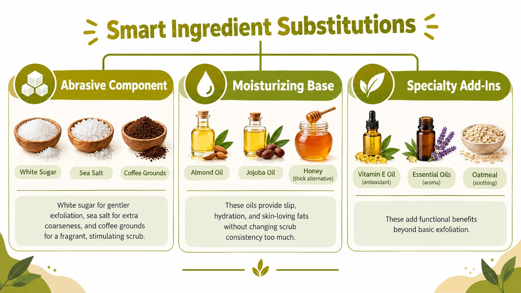 An infographic showing various DIY ingredient substitutions for making customized skincare scrubs at home.