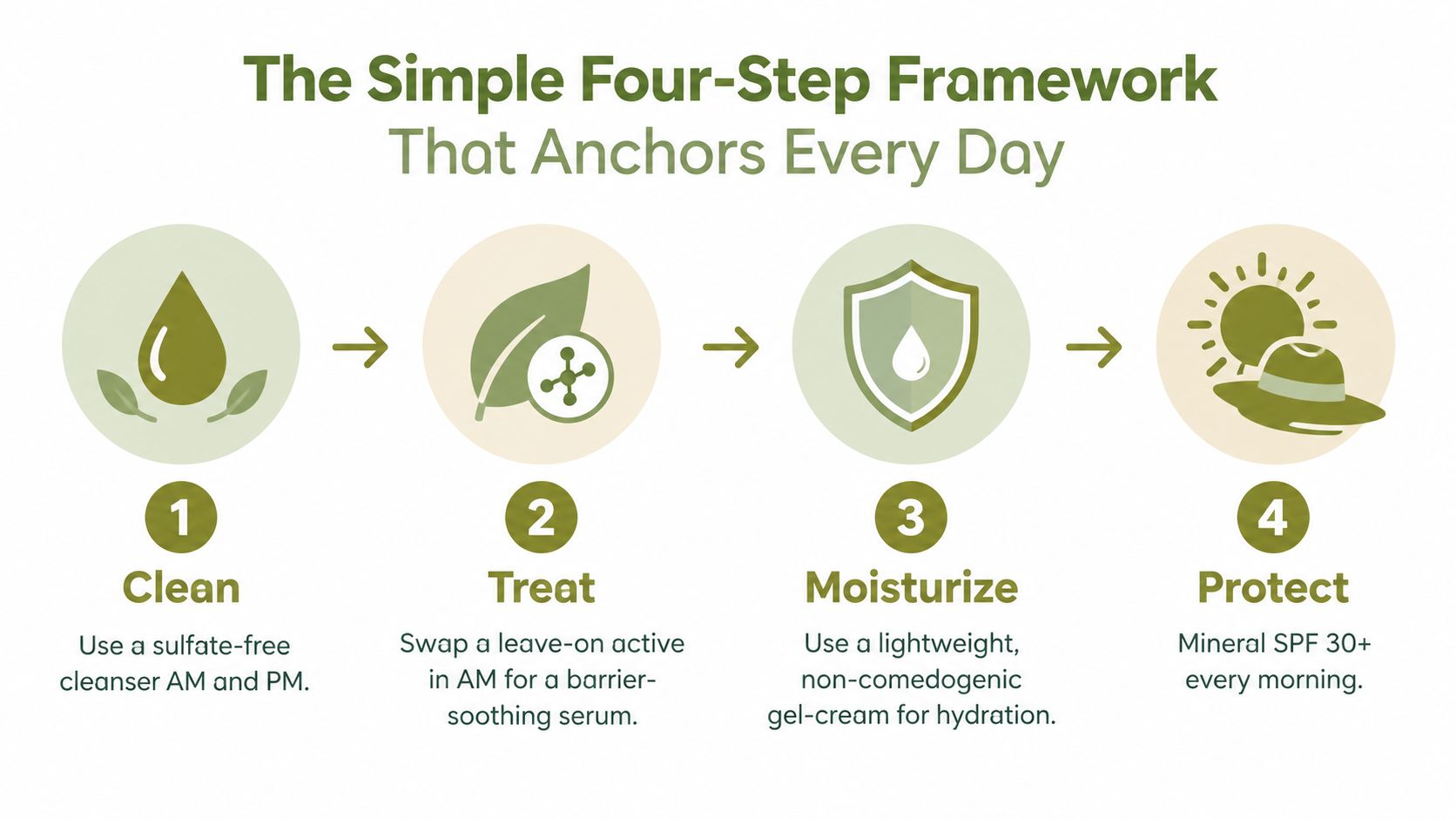 An infographic showing a four-step daily skincare routine of cleaning, treating, moisturizing, and protecting with sun protection.