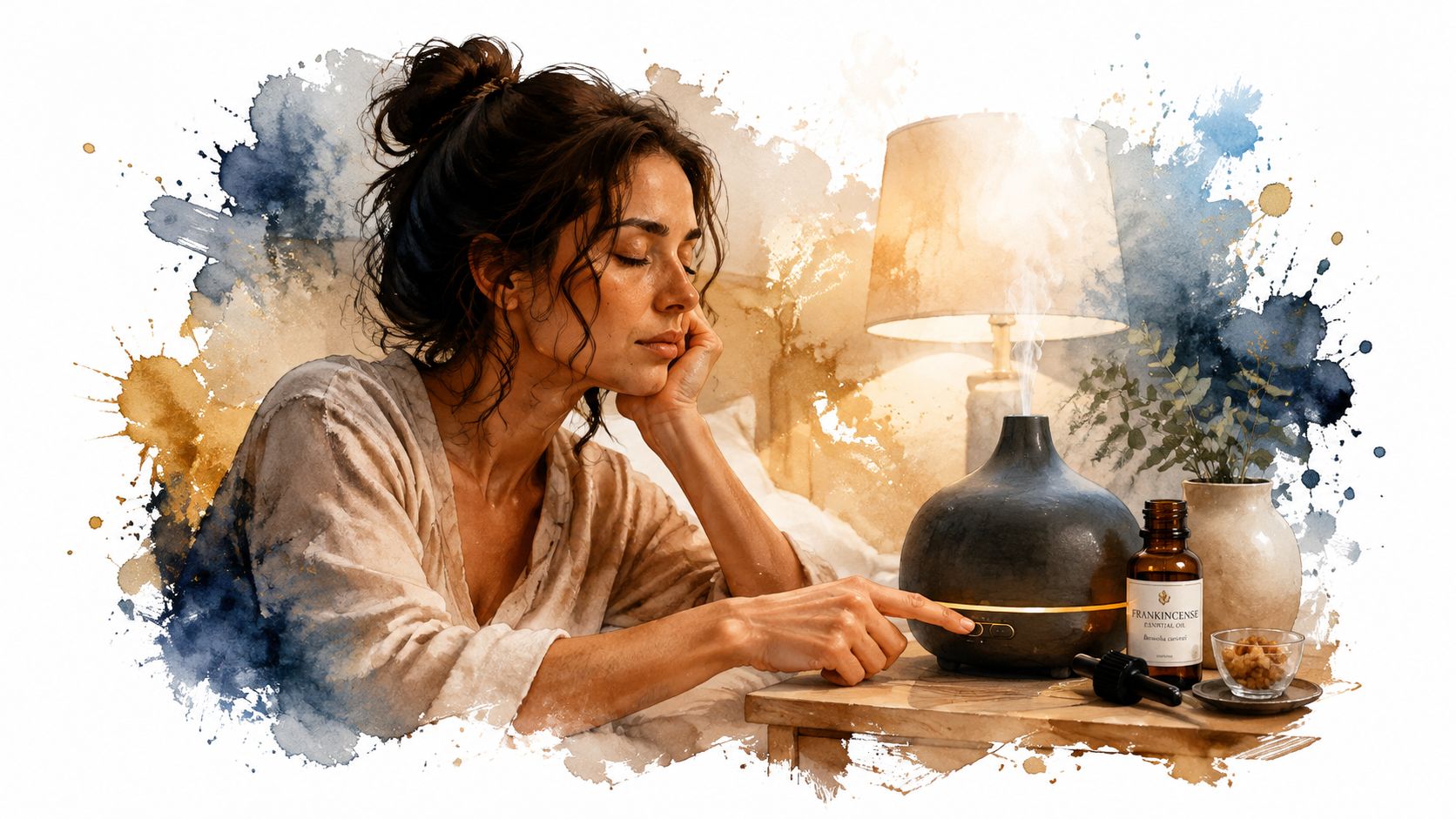 A woman relaxing at home using a frankincense essential oil diffuser on her bedside table at night.