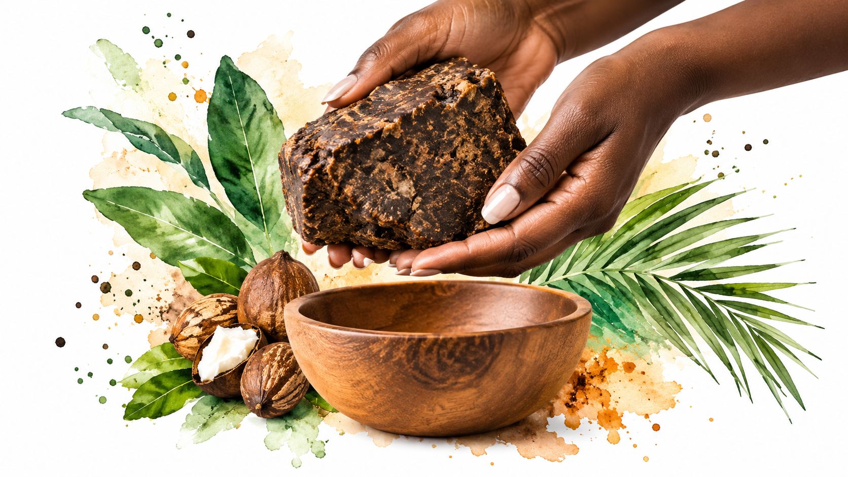 A person holding a block of raw African black soap above a wooden bowl with shea nuts.
