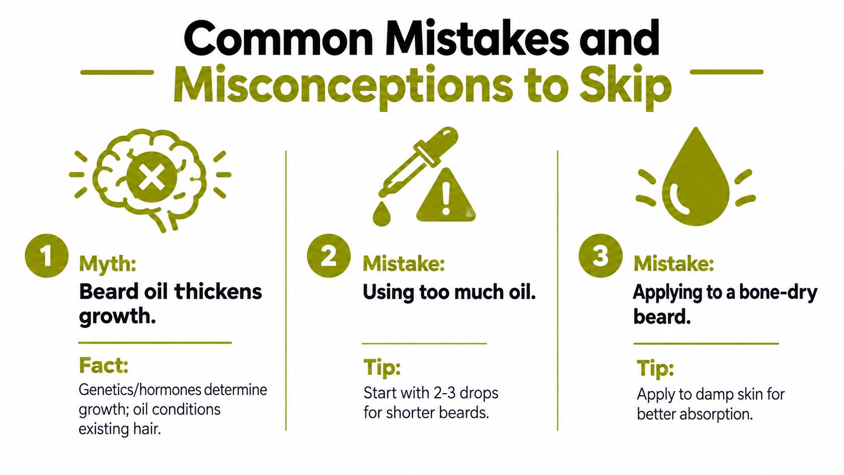 An infographic detailing common mistakes and misconceptions about using beard oil for men's grooming routines.