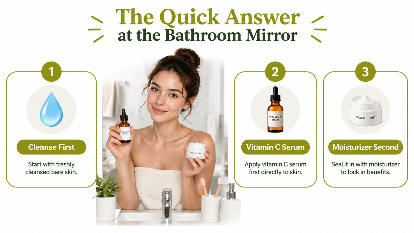 A woman demonstrating the three-step skincare routine of cleansing, applying Vitamin C serum, and using moisturizer.