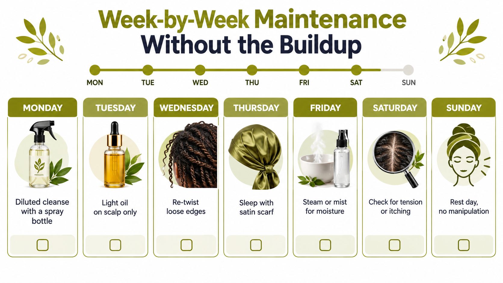 A weekly hair care maintenance schedule graphic for protective styles like braids and twists.