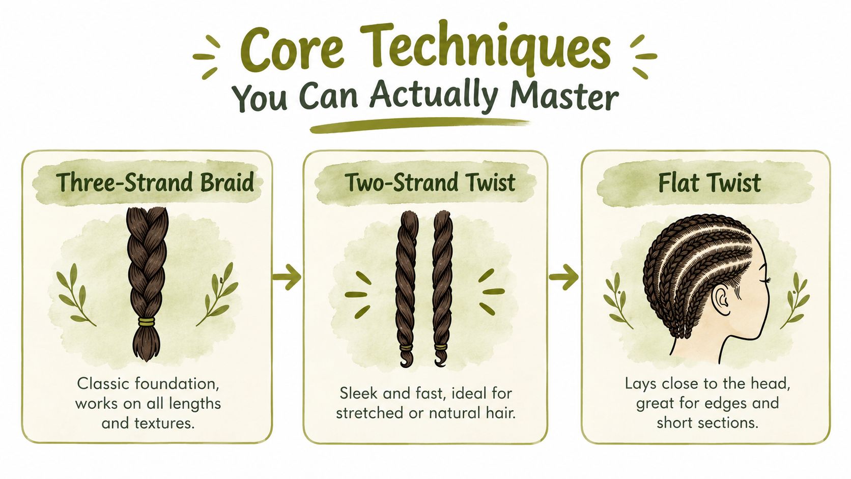 A guide showing three core hair techniques: Three-Strand Braid, Two-Strand Twist, and Flat Twist with descriptions.