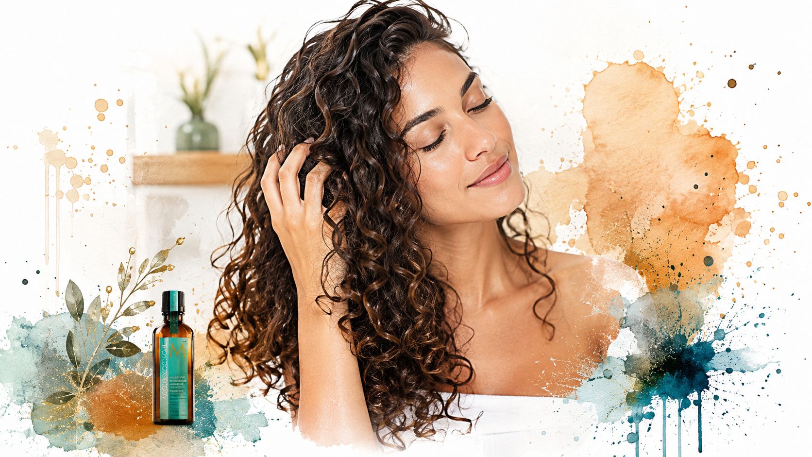 A woman with beautiful curly hair posing next to a bottle of Moroccan oil hair treatment product.