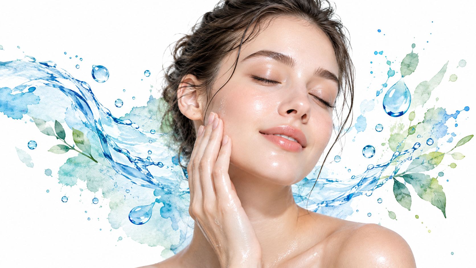 A woman with glowing, hydrated skin posing next to artistic watercolor splashes of water and green leaves.