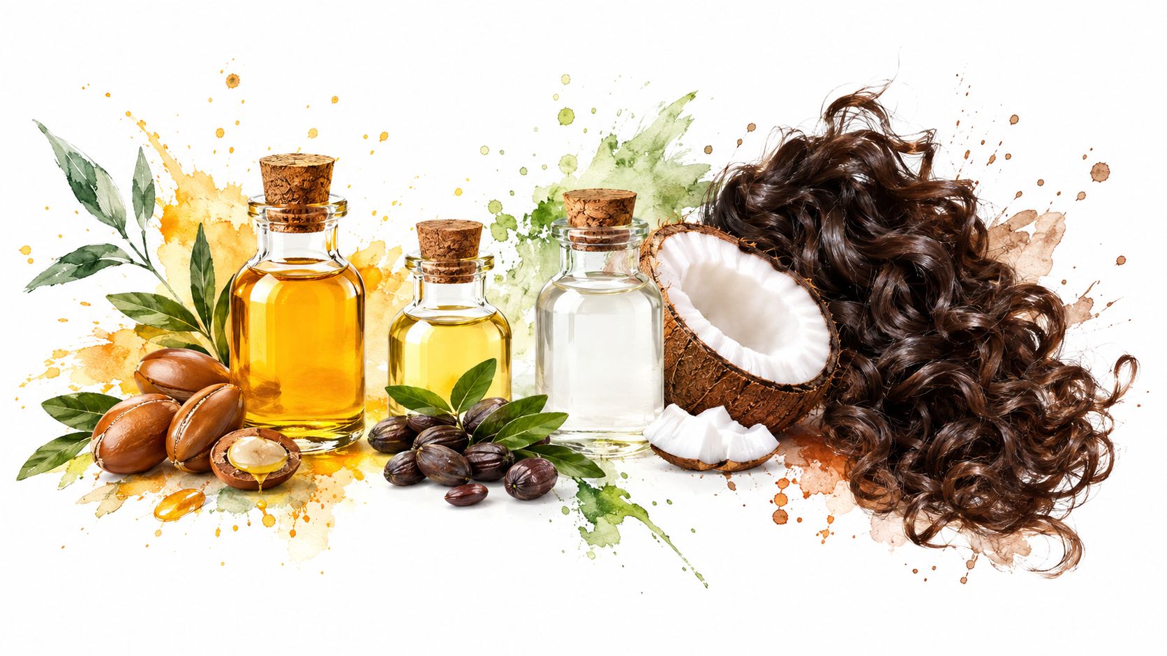 Argan, jojoba, and coconut oils arranged with nuts, fruit, and long curly brown hair on white background