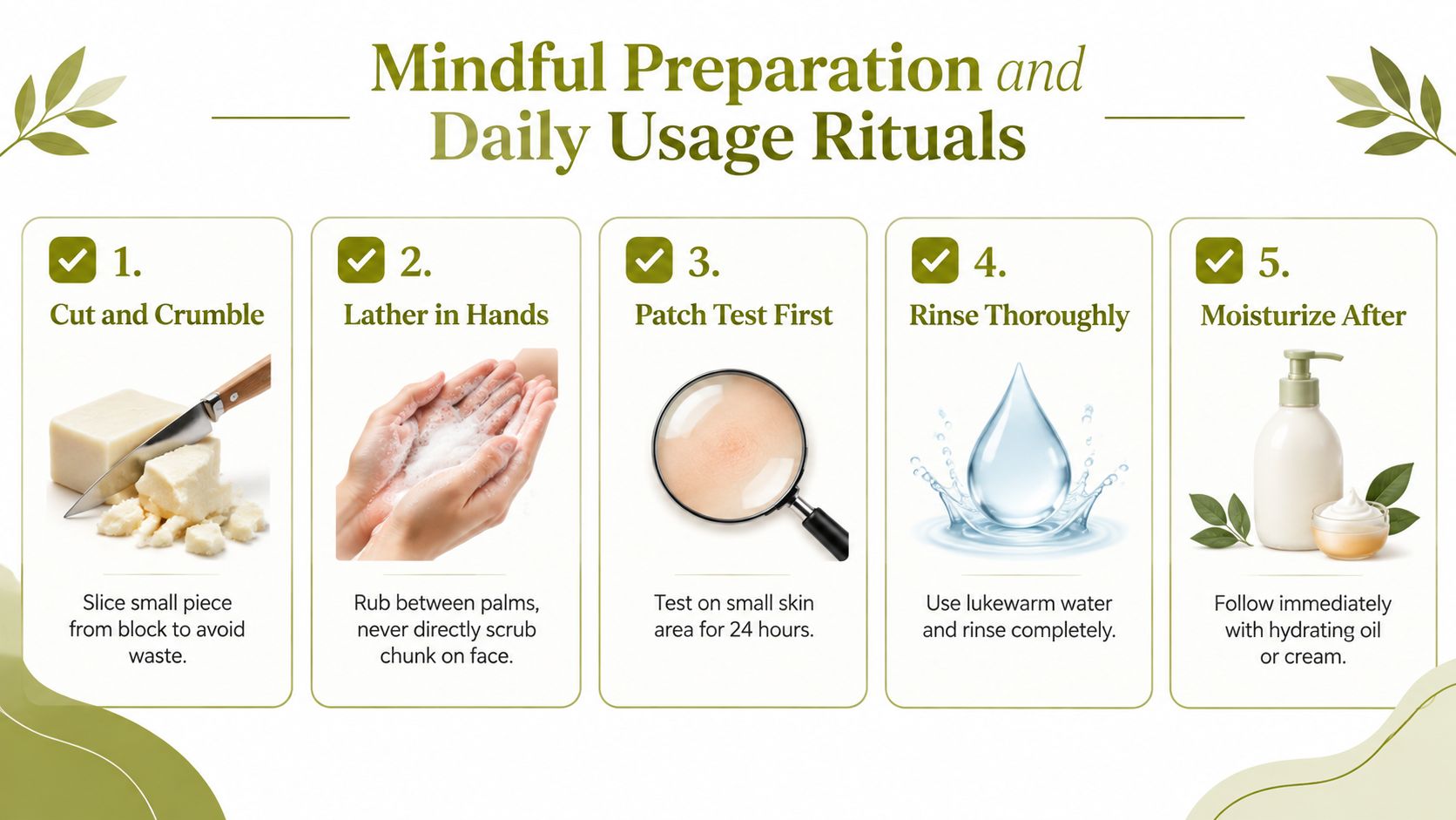 A five-step guide on how to properly use and prepare African black soap for skincare routines.