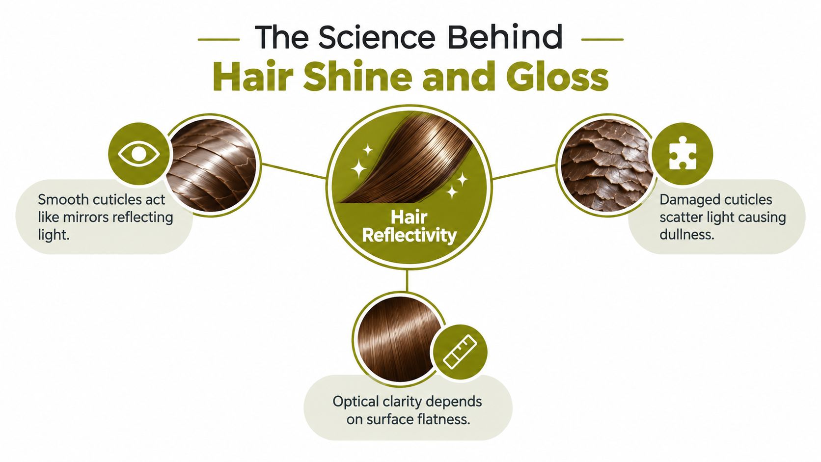 An infographic titled The Science Behind Hair Shine and Gloss showing how cuticle health affects light reflection.