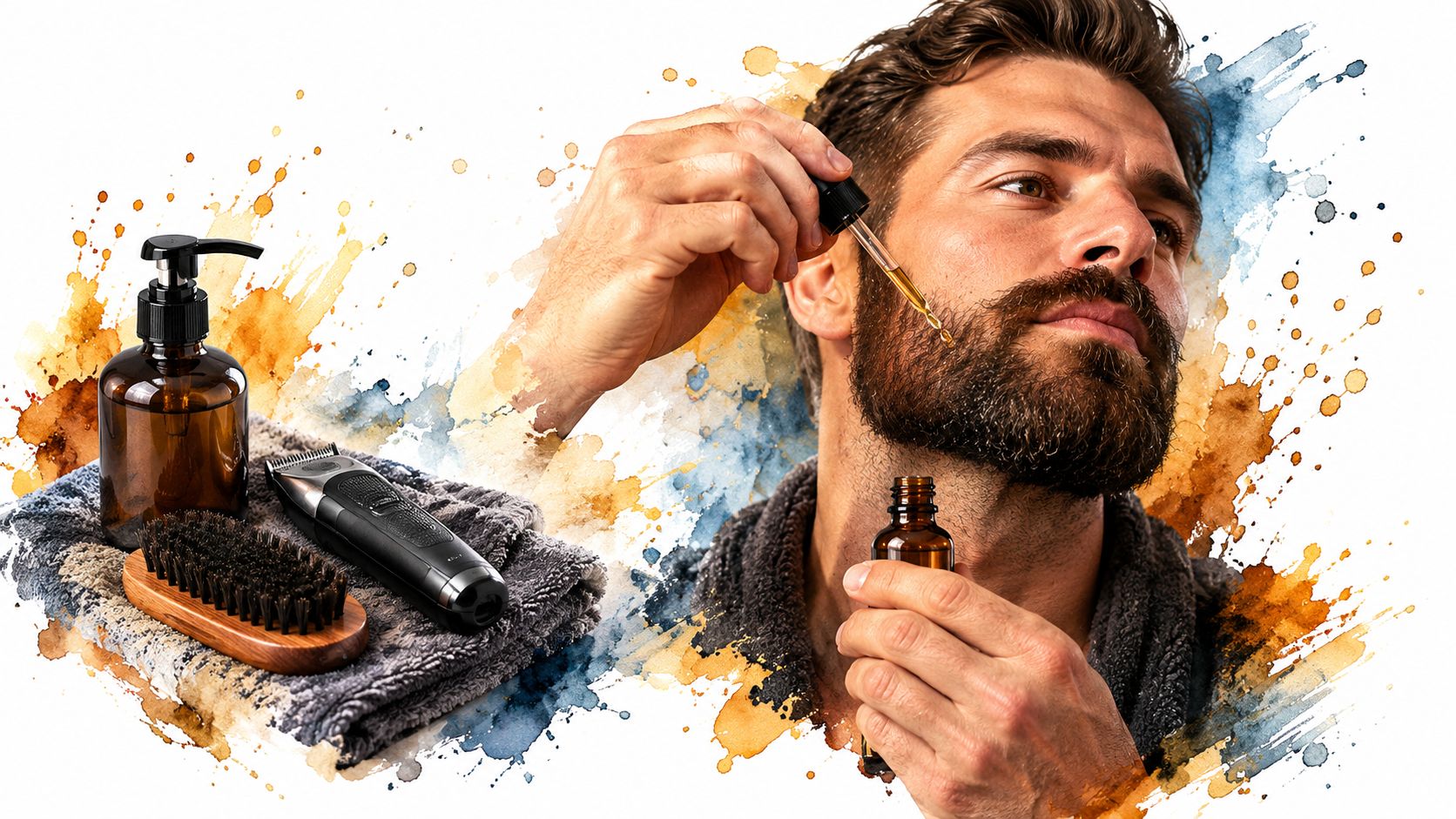 A man applying beard oil with a dropper alongside grooming tools like a razor, brush, and lotion.