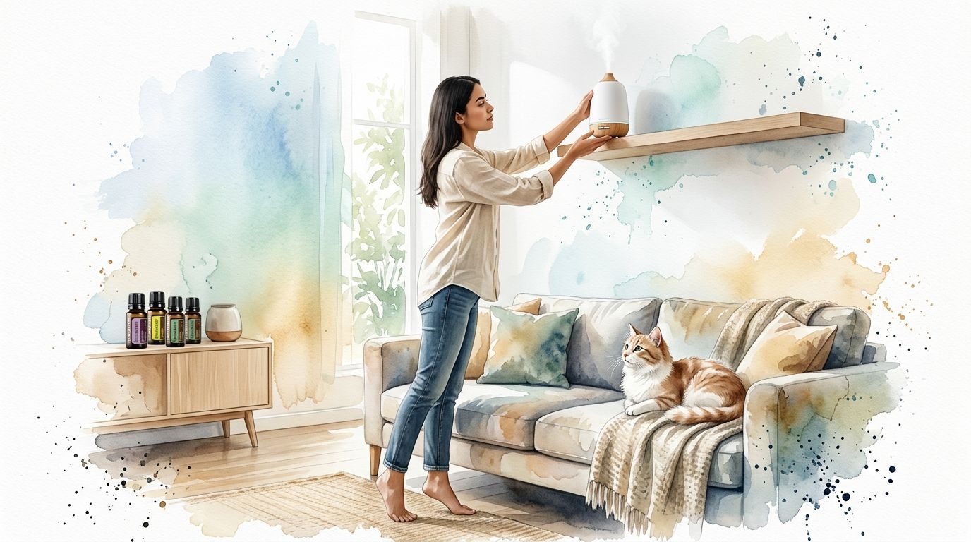 A woman placing an essential oil diffuser on a shelf while a cat relaxes on a nearby couch.