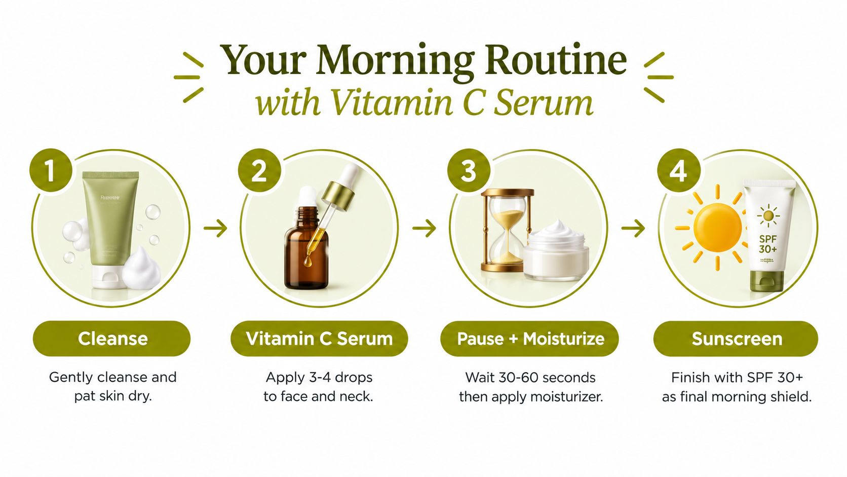 A four-step morning skincare routine infographic featuring cleansing, applying vitamin c serum, moisturizing, and using sunscreen.