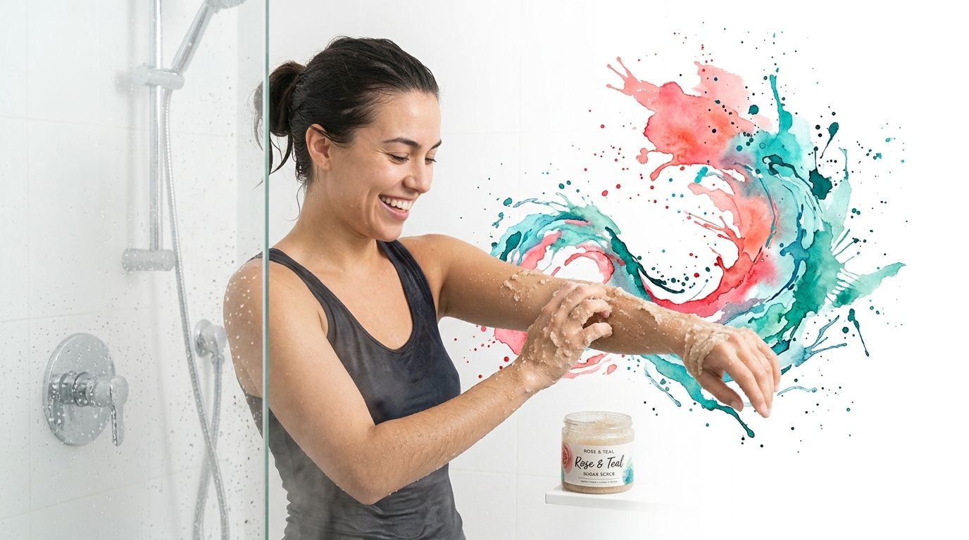 A happy woman applying a rose and teal sugar scrub to her arm while in the shower.