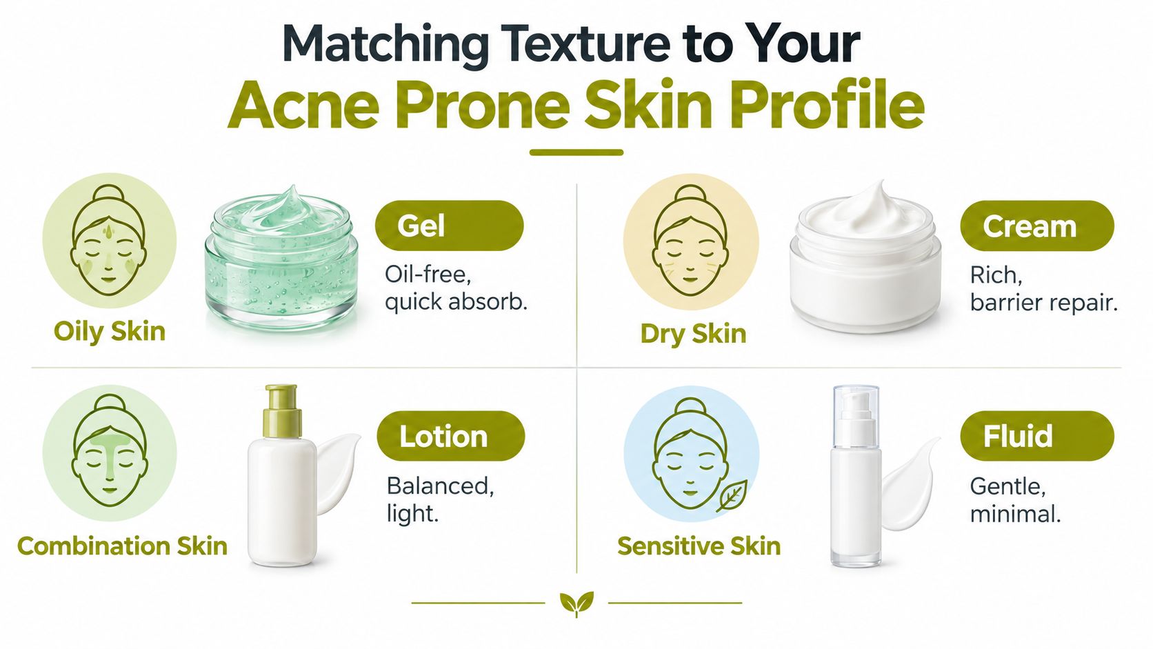 An infographic illustrating recommended skincare textures for different acne prone skin types, including oily, dry, combination, and sensitive.