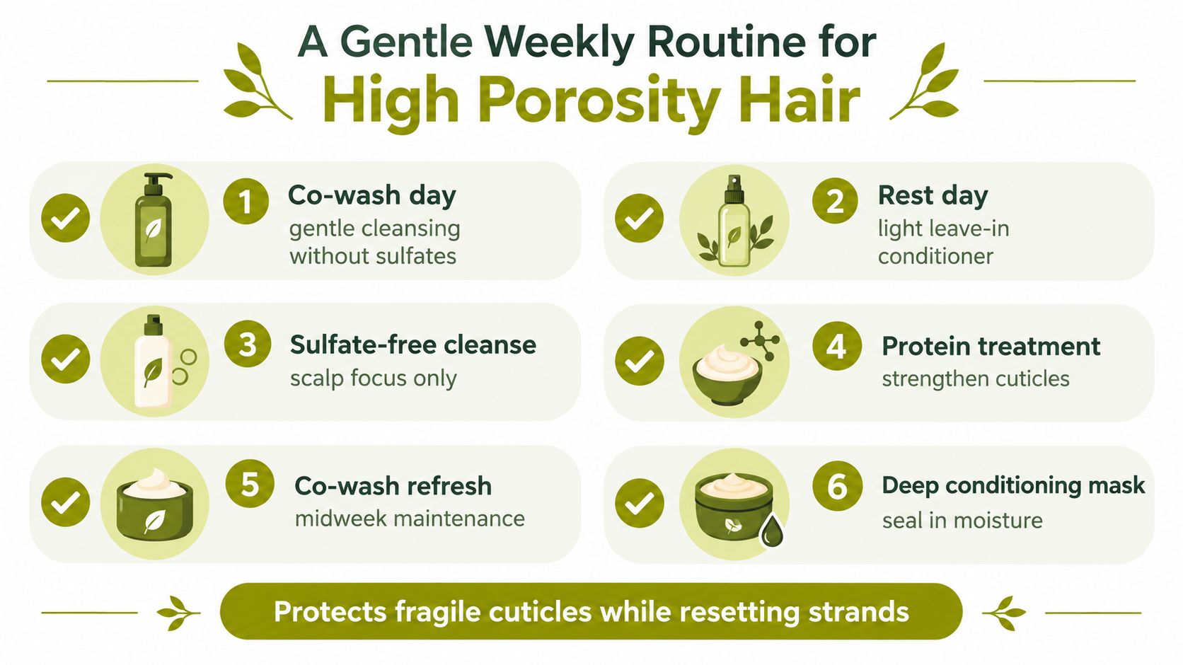 An infographic titled A Gentle Weekly Routine for High Porosity Hair displaying six steps for hair care.