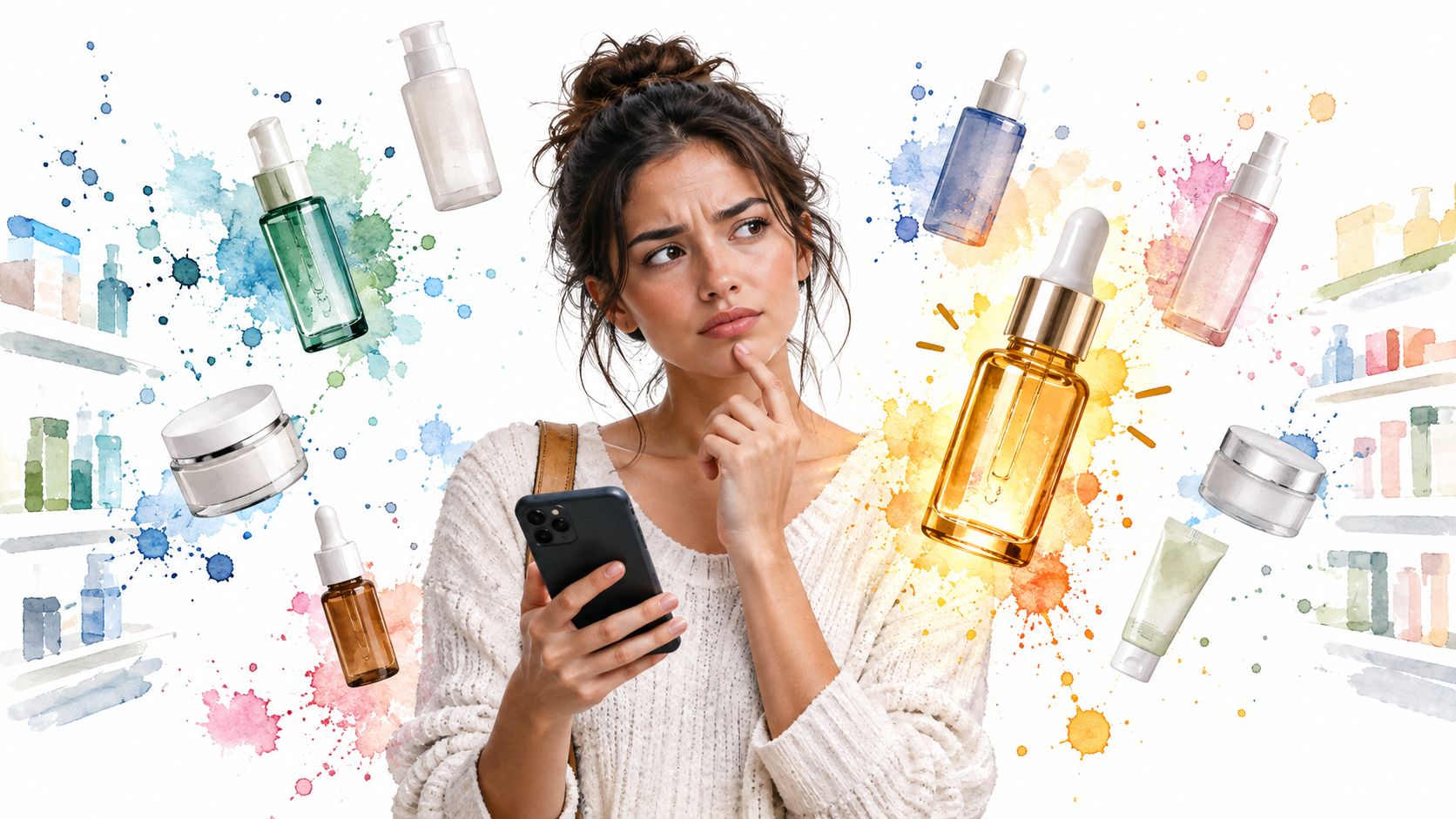A woman holding a smartphone, contemplating beauty products surrounded by floating skincare bottles and vibrant watercolor splashes.